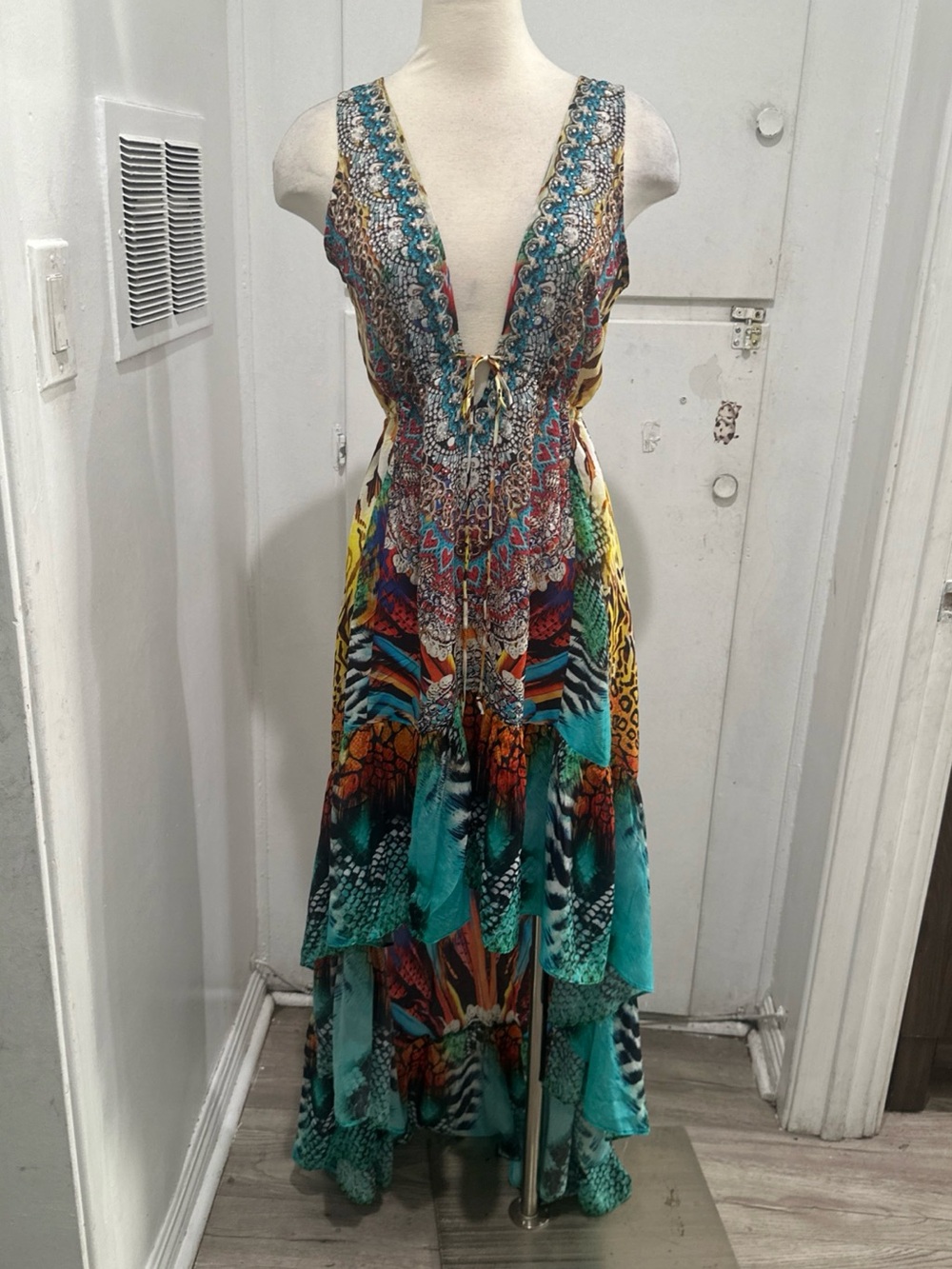 Vibrant Multicolor Deep V Maxi Dress with Turquoise Accents